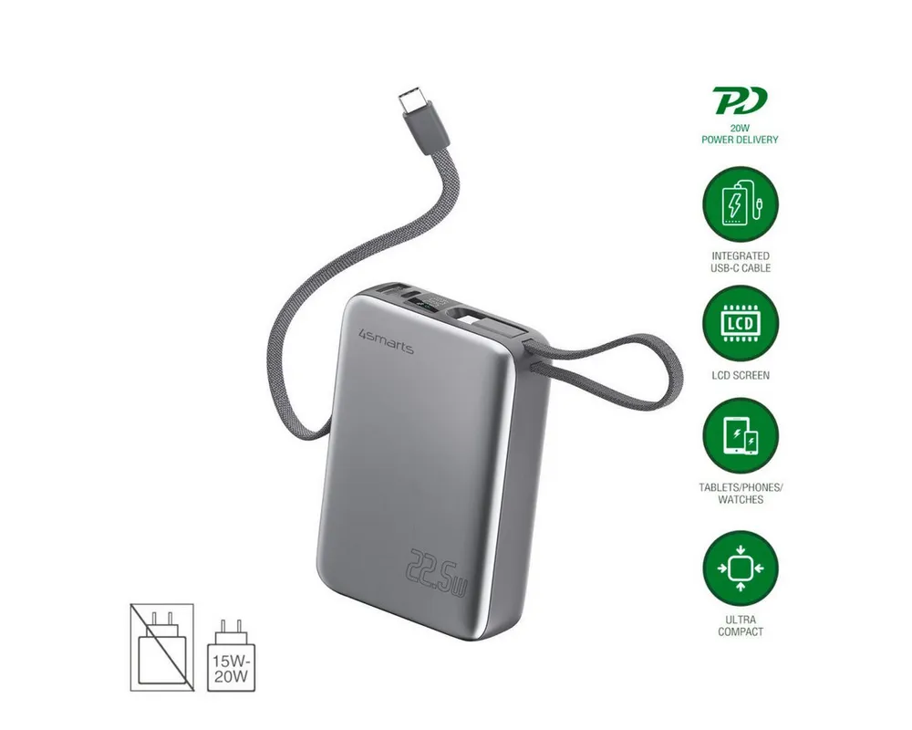 4smarts Powerbank Pocket Dual Cord Powerbank Powerbank, Kompakt und mobil: Ideal für Alltag und Reisen