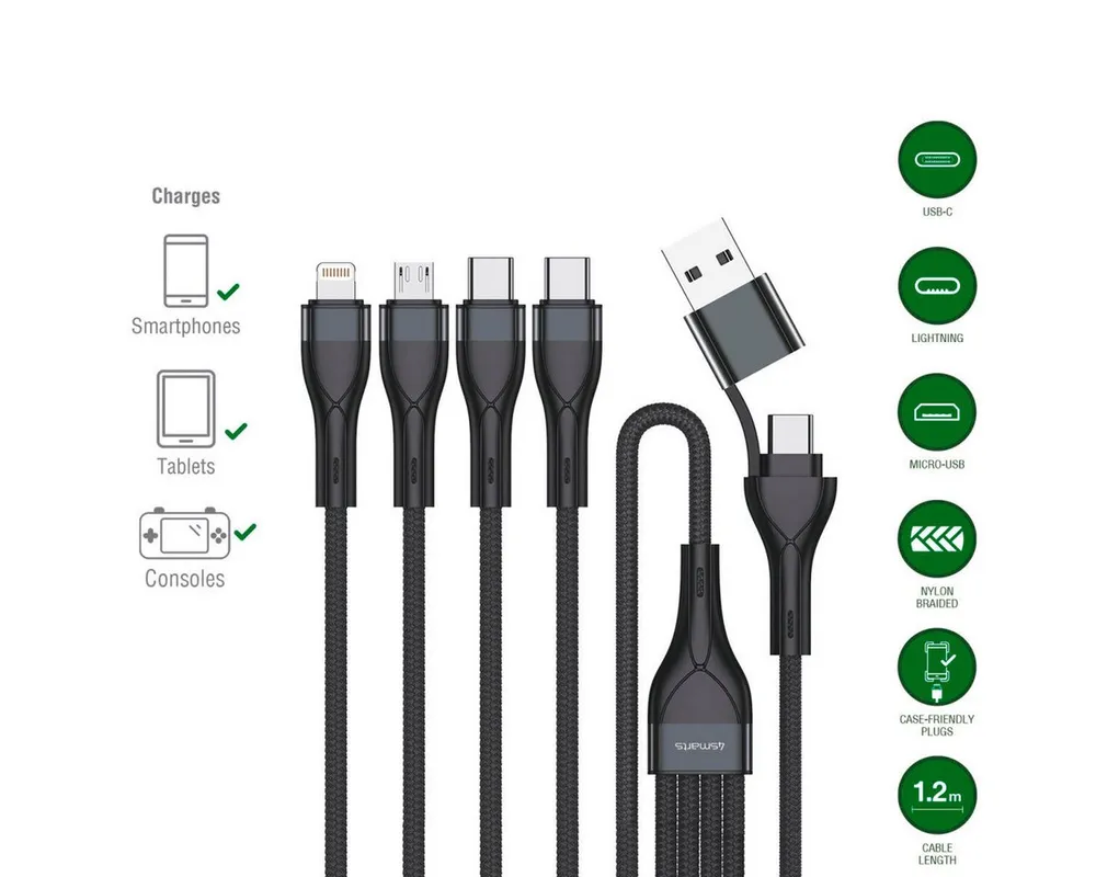4smarts USB-C/A Multi-Ladekabel 4in2 1,2m Lightningkabel