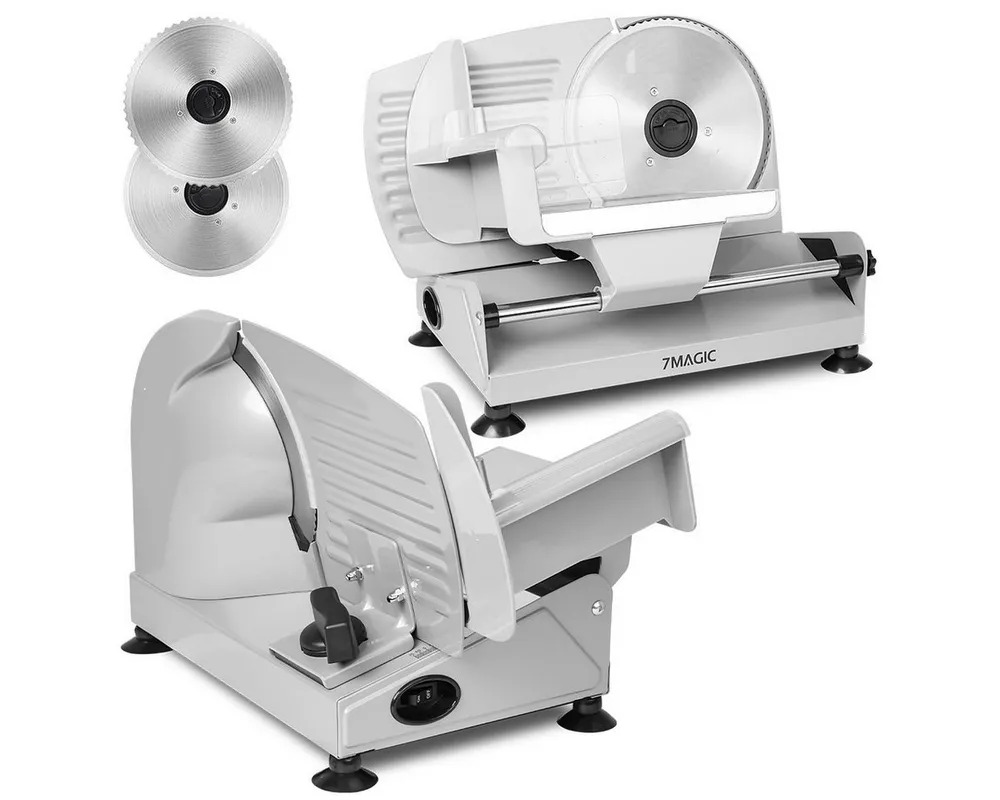 7MAGIC Allesschneider Brotschneidemaschine, Elektrischer Allesschneider Edelstahl, 200 W, Mit abnehmbarer 2 x 19 cm Klinge, 0–15 präziser Dickenknopf Schnitt