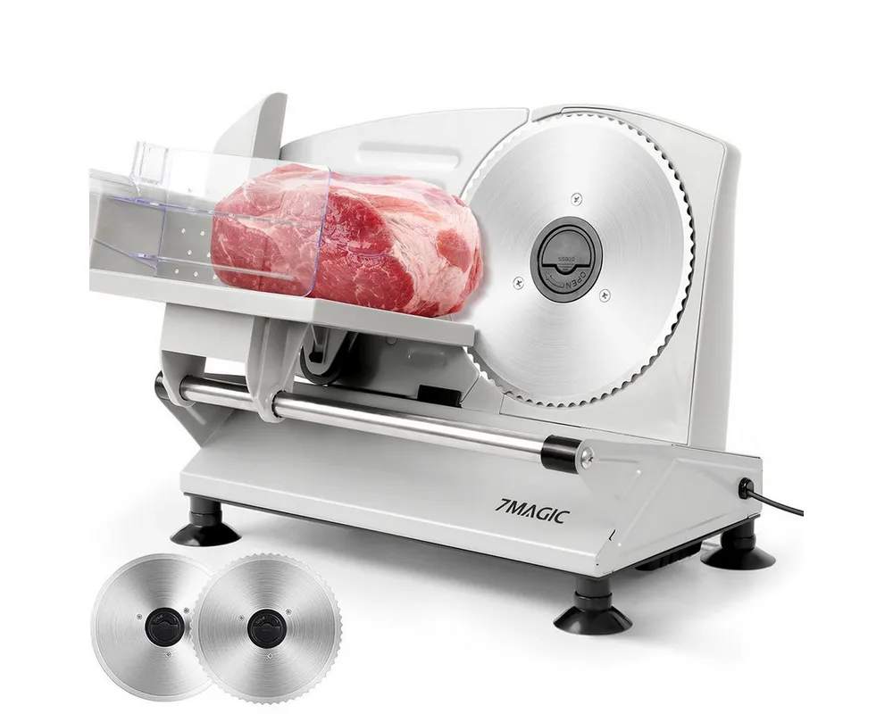 7MAGIC Allesschneider Elektrischer Allesschneider, Edelstahl Brotschneidemaschine elektrisch, 150 W, Verstellbare Küchenmaschine 0 bis 15mm, 2 Klingen, Geeignet für Küche