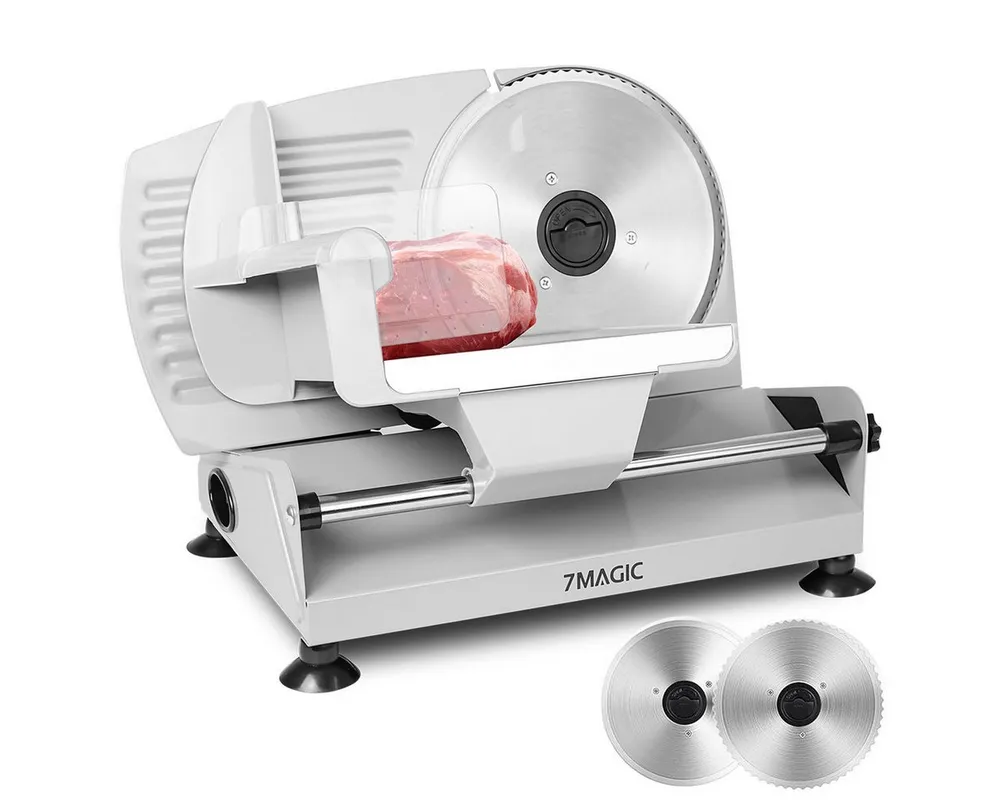 7MAGIC Allesschneider Elektrischer Allesschneider, Edelstahl Brotschneidemaschine elektrisch, 200,00 W, Verstellbare Küchenmaschine 0 bis 15mm, 2 Klingen, Geeignet für Küche