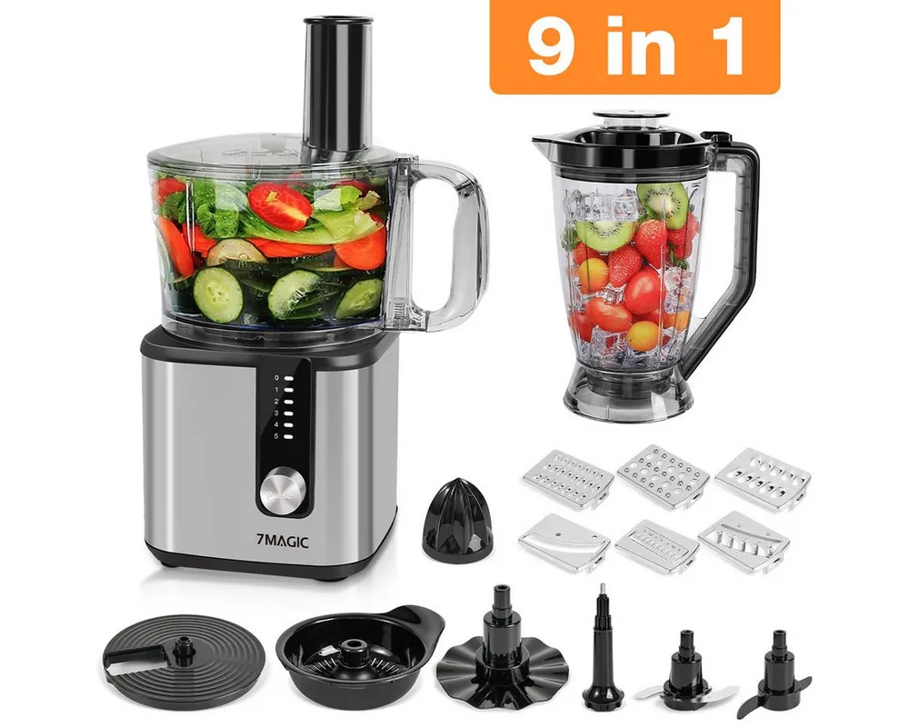 7MAGIC Kompakt-Küchenmaschine Standmixer 9 in 1 Multifunktional Food Chopper, Food Processor, 750 W, inkl. Zerkleinerer, 1,8L mixerbecher und weiteres Schneidzubehör