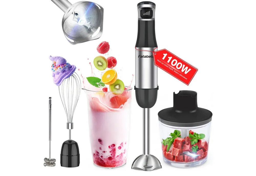 7MAGIC Stabmixer Elektrischer Stabmixer Set 5 in 1 Pürierstab Edelstahl Handmixer, 1100,00 W, Stabmixer Variable Geschwindigkeiten für Babynahrung, Suppe, Smoothie