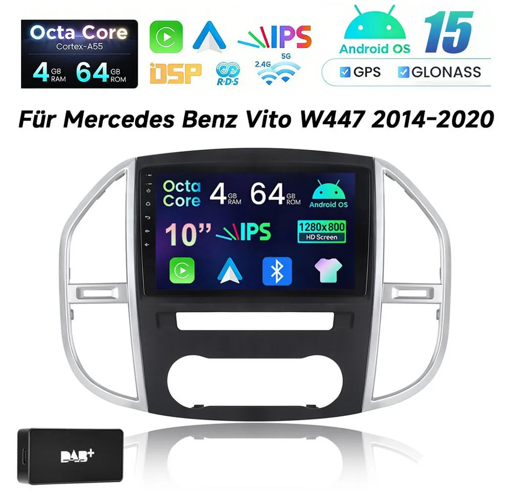A-Sure 4+64GB Android 15 GPS Navi Carplay Für Mercedes Benz Vito W447 2014-20 Autoradio (Digitalradio (DAB), FM, AM, RDS, 1280*800 IPS Screen/8-Core CPU)