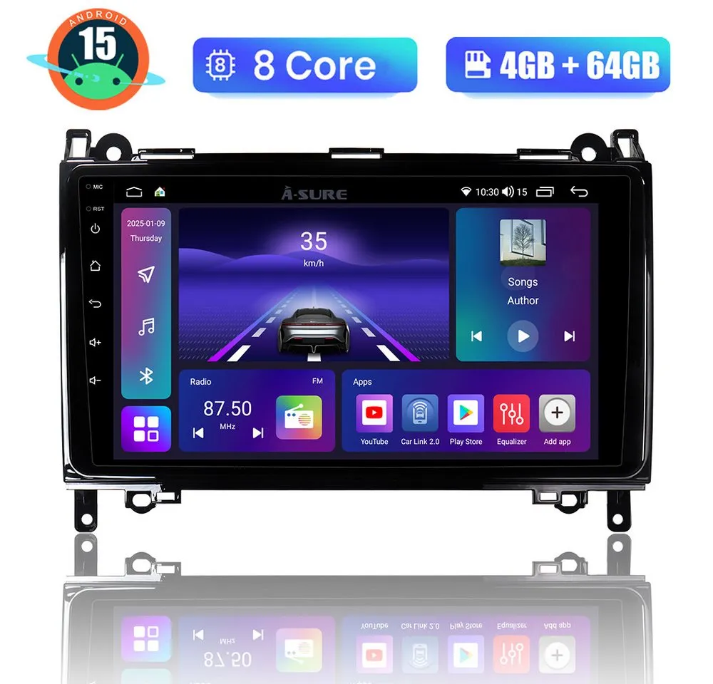 A-Sure 8-Core Android 15 Carplay Radio Für Mercedes-Benz A B Klasse W169 W245 Autoradio (Digitalradio (DAB), FM, AM, 1280*800 IPS Screen/8-Core CPU)