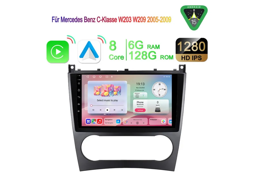 A-Sure Android 15 Carplay Für Mercedes Benz C-Klasse W203 W209 2005-2009 Autoradio (8Core, 4 Core, Digitalradio (DAB), FM, AM, 1280*800 IPS Screen)