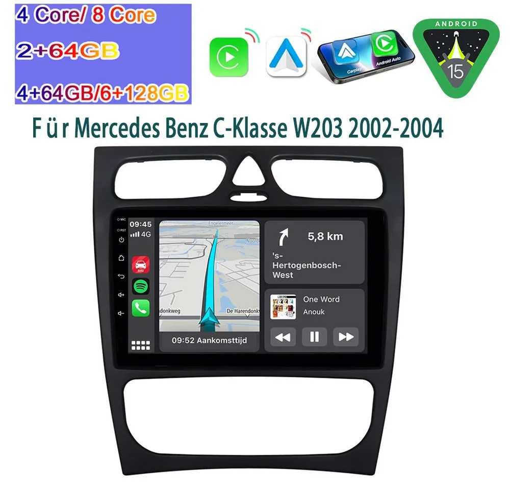 A-Sure Autoradio Android 15 Carplay Für Mercedes Benz C-Klasse W203 W209 Autoradio (Digitalradio (DAB), FM, AM)