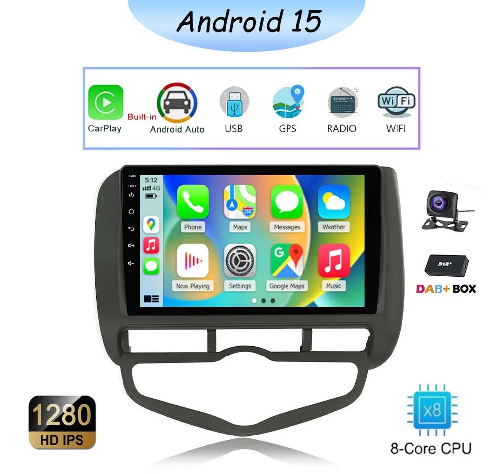A-Sure FM AM für Honda Jazz II 2001-2008 9' 4+64G Android 15 Carplay Navi GPS Autoradio (Digitalradio (DAB), FM, AM, 1280*800 IPS Screen/8-Core CPU)