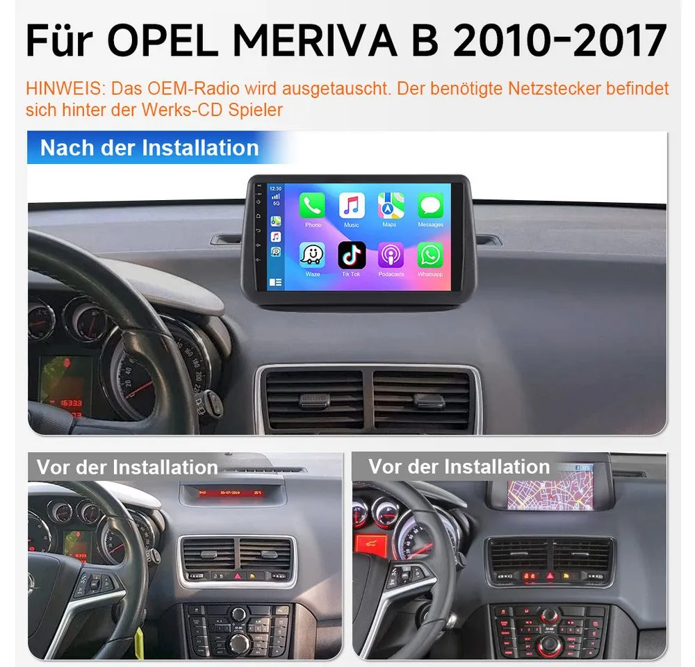 A-Sure Für Opel Meriva B 2010-2017 GPS Navi Bluetooth RDS Android15 RDS 8CORE Autoradio (Apple Carplay, Digitalradio (DAB), UI Theme, SWC, Siri, Mirrorlink, Google play, Netflix, Youtube, Calendar, TikTok)