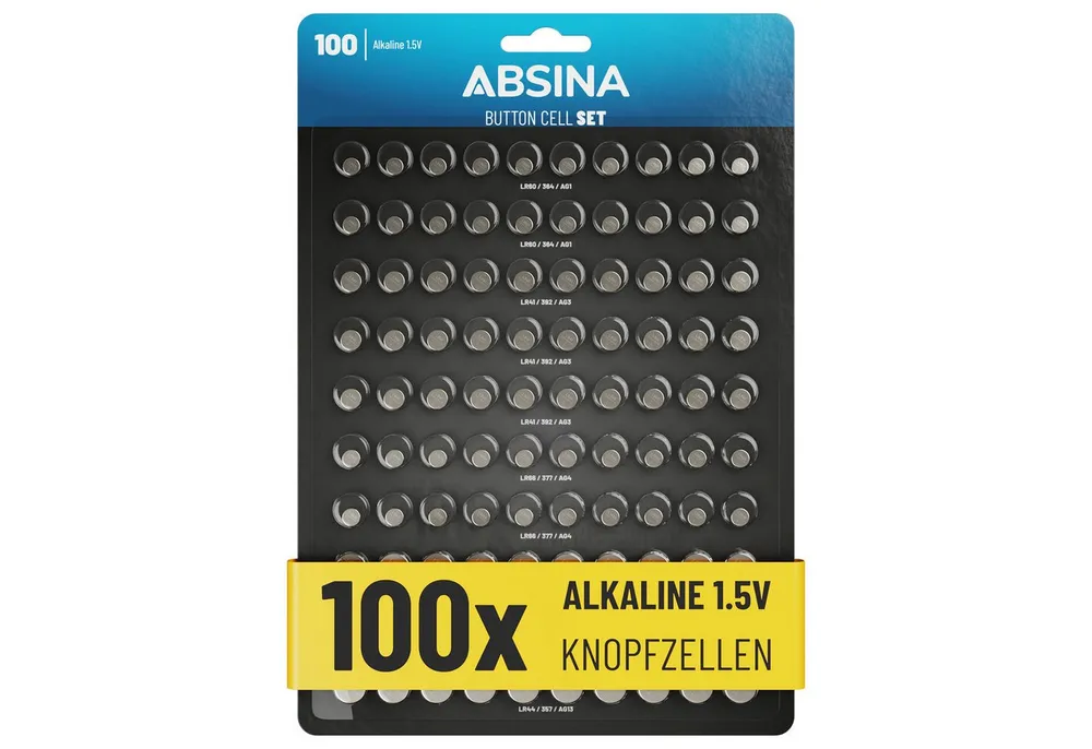 ABSINA 100er Pack Alkaline Knopfzellen Batterien - AG1 AG3 AG4 AG10 AG13 Knopfzelle, (1 St)