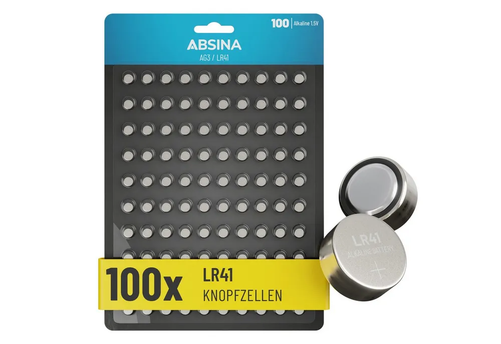 ABSINA 100x AG3 LR41 Knopfzelle 1,5V Alkaline - Knopfzellen Batterien Knopfzelle, AG3 (1,5 V, 1 St), Temperaturfest von -10°C bis +50°C, langlebig, auslaufsicher