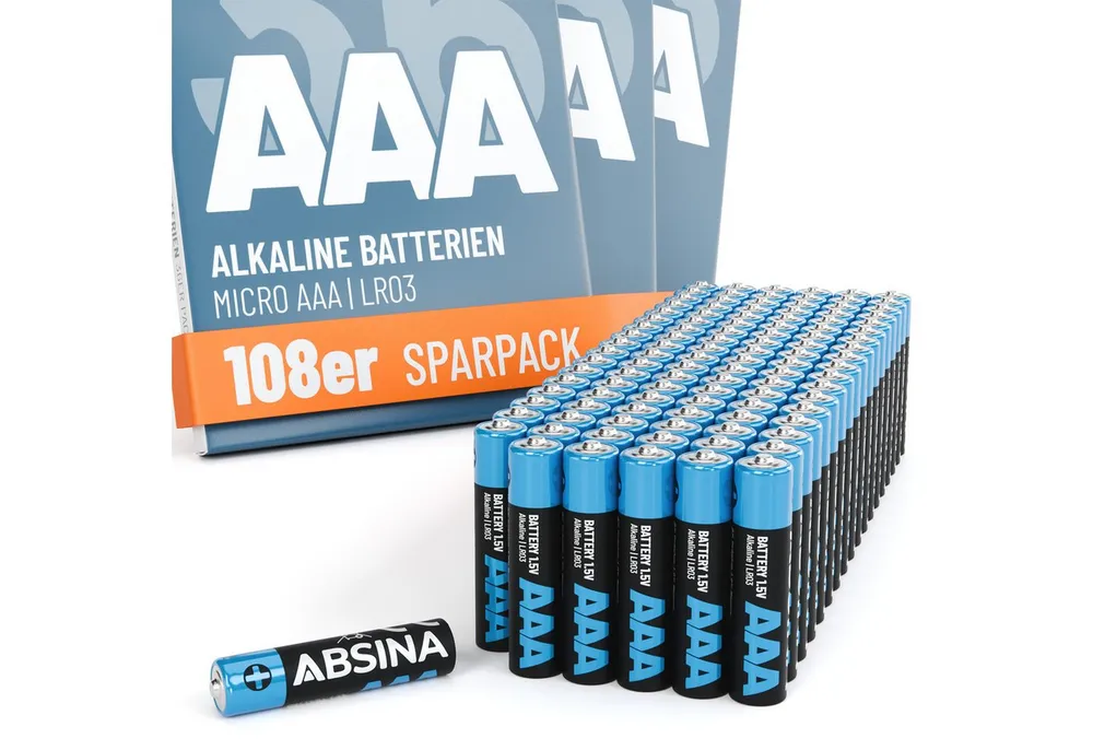 ABSINA 108x Batterien AAA Großpackung 1,5V Alkaline - langlebig, Micro LR03 Batterie, (1 St)