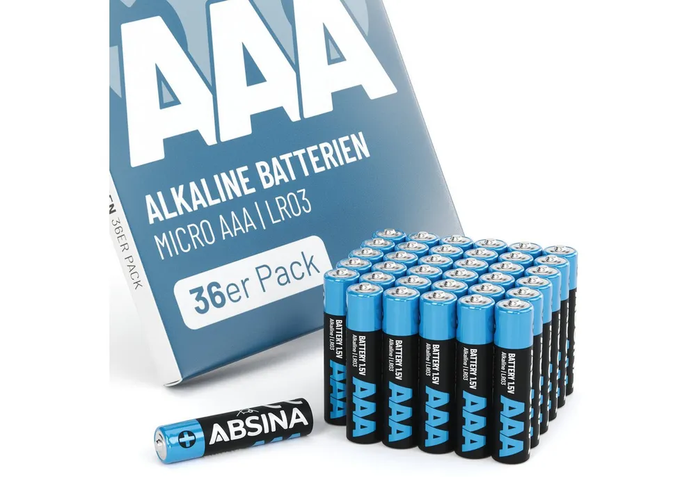 ABSINA 36x Batterien AAA Großpackung 1,5V Alkaline - langlebig, Micro LR03 Batterie, (1 St)