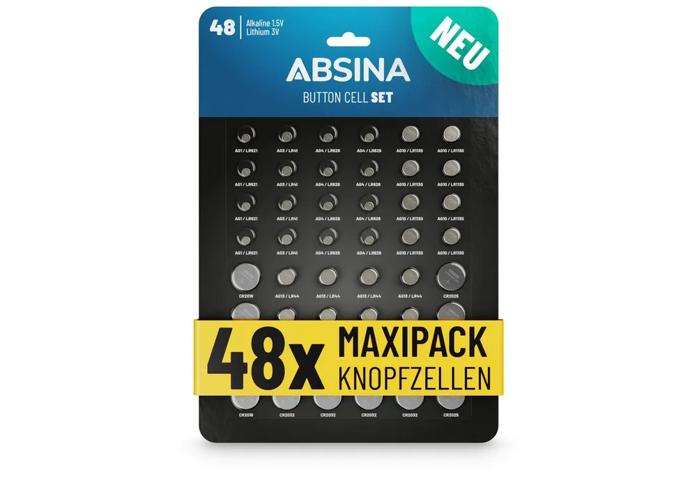 ABSINA 48er Pack Knopfzellen AG1 AG3 AG4 AG10 AG13 CR2016 CR2025 CR2032 Knopfzelle, (2 St)