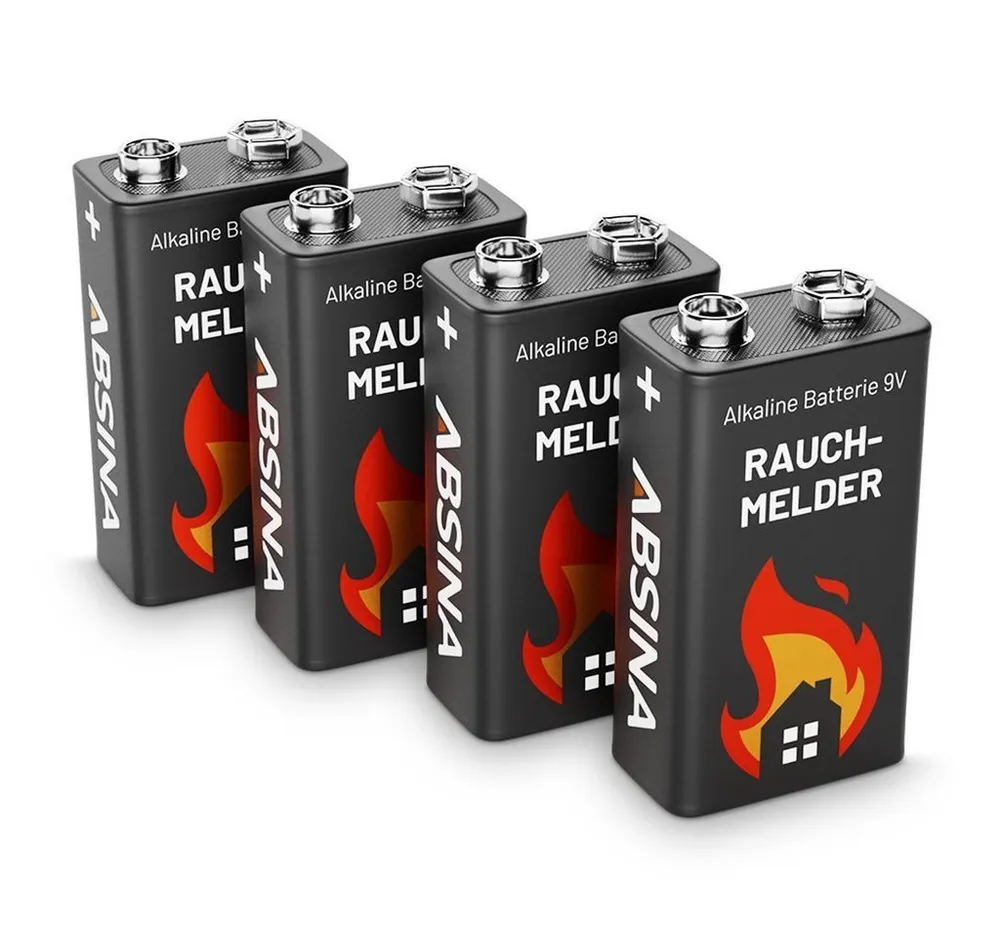 ABSINA 4x Rauchmelder Batterie 9V Block - Alkaline Batterien Blockbatterien Batterie, (1 St)