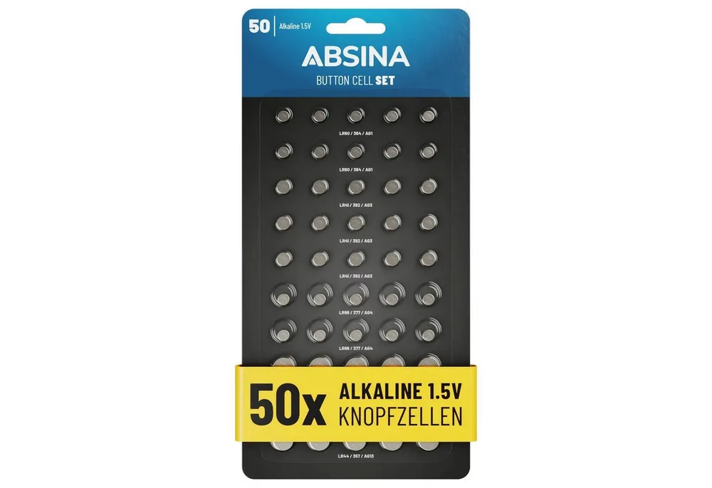 ABSINA 50er Pack Alkaline Knopfzellen Batterien - AG1 AG3 AG4 AG10 AG13 Knopfzelle, (1 St)