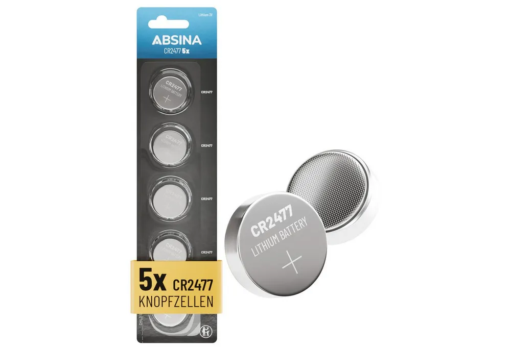 ABSINA 5x CR2477 3V Lithium Knopfzelle - CR 2477 Lithium Knopfzelle 3V Knopfzelle, (5 St)