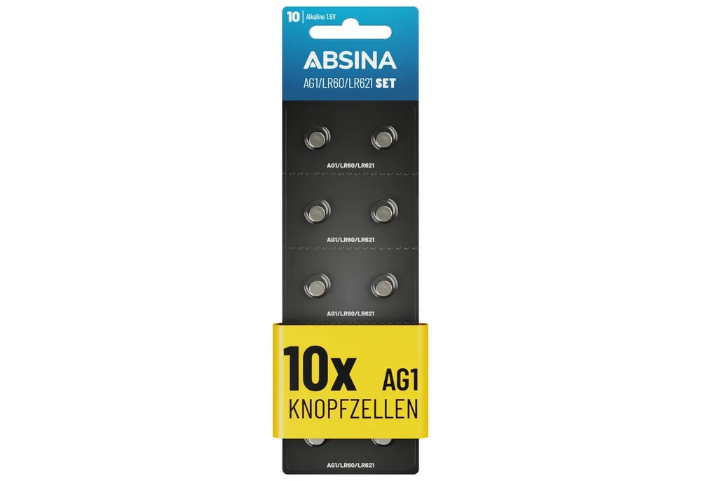 ABSINA AG1 LR621 Knopfzelle 10er Pack - 1,5V Alkaline Knopfzellen Knopfzelle