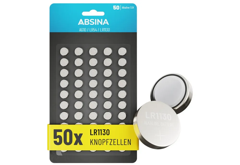 ABSINA AG10 LR1130 Knopfzelle 50er Pack - 1,5V Alkaline Knopfzellen Knopfzelle, AG10 (1,5V V, 1 St), Temperaturfest von -10°C bis +50°C, langlebig, auslaufsicher