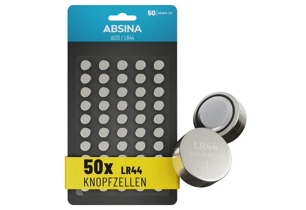 ABSINA AG13 LR44 Knopfzelle 50er Pack - 1,5V Alkaline Knopfzellen Knopfzelle, AG13 (1,5V V, 1 St), Temperaturfest von -10°C bis +50°C, langlebig, auslaufsicher