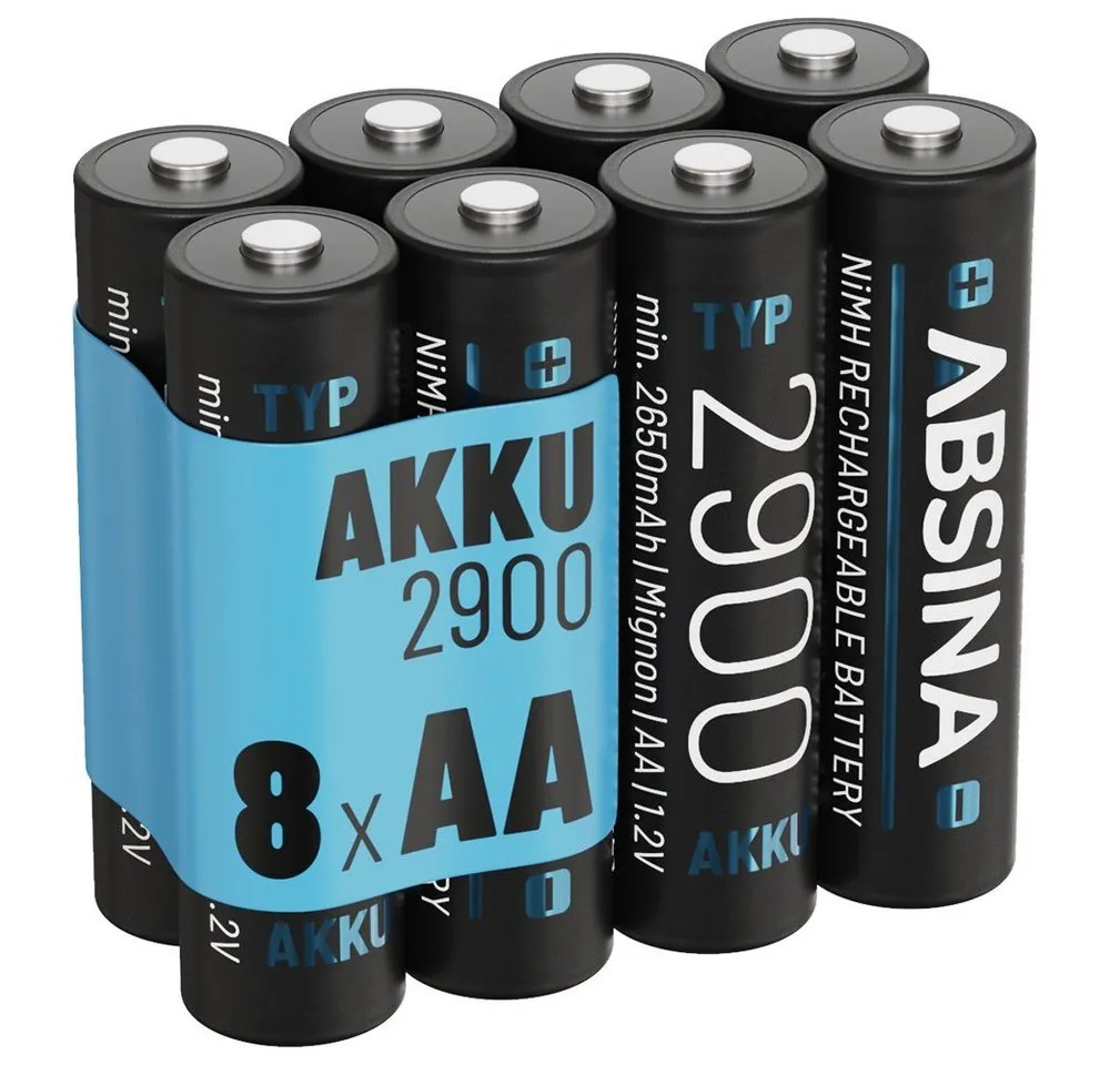 ABSINA Akku AA Mignon 2900 - 8x NiMH Wiederaufladbare Akkus mit min. 2650mAh Akku 2650 mAh (1.2 V)