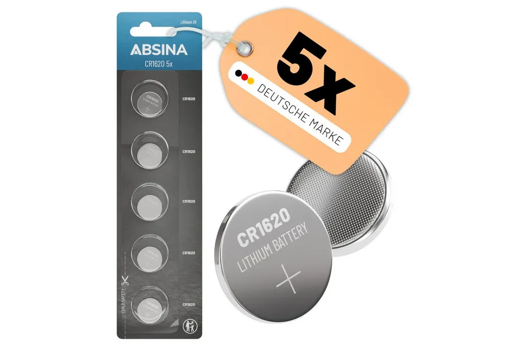 ABSINA CR1620 3V Lithium Knopfzelle 5er Pack - 1620 - für Autoschlüssel Knopfzelle, (1 St)