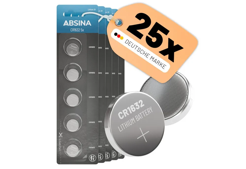 ABSINA CR1632 3V Lithium Knopfzelle 25er Pack - Batterien für Autoschlüssel Knopfzelle, (5 St)
