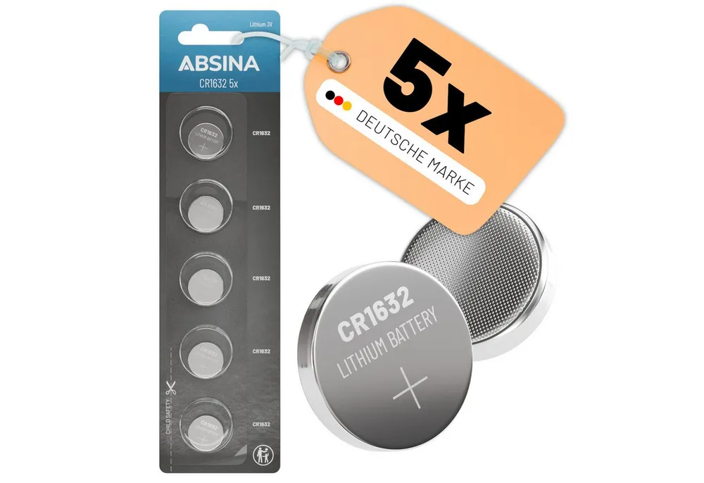 ABSINA CR1632 3V Lithium Knopfzelle 5er Pack - Batterien für Autoschlüssel Knopfzelle, (1 St)