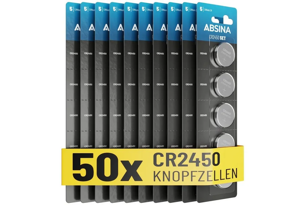 ABSINA CR2450 Knopfzelle 50er Pack - CR 2450 3V Knopfzellen auslaufsicher Knopfzelle, (3V V, 1 St)
