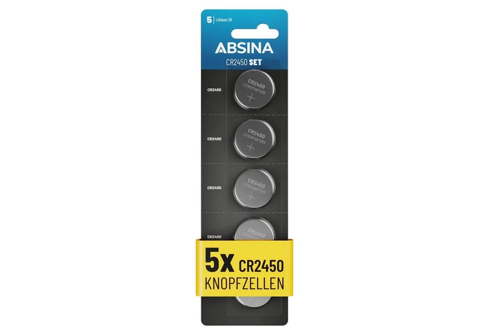 ABSINA CR2450 Knopfzelle 5er Pack - CR 2450 3V Knopfzellen auslaufsicher Knopfzelle, (3V V, 1 St)
