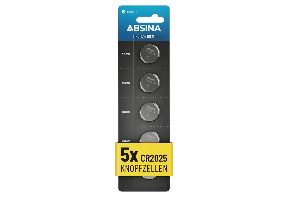 ABSINA Knopfzellen CR2025 5er Pack - CR 2025 Knopfzelle, CR2025 Batterien Knopfzelle, (1 St)