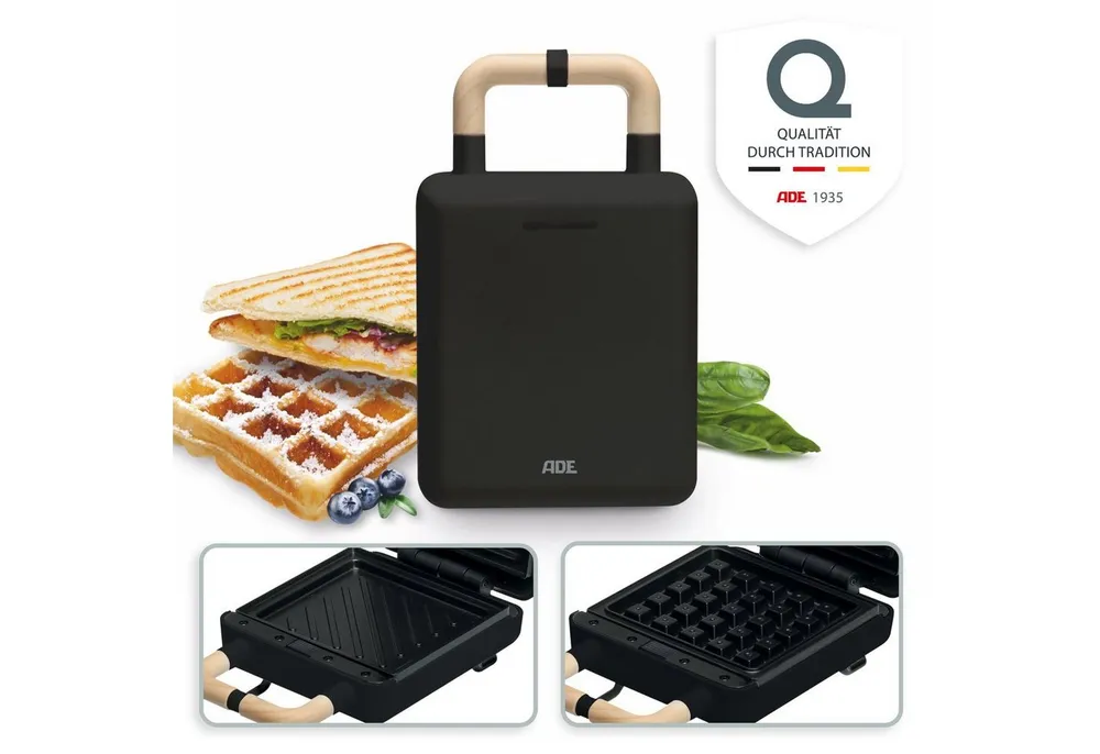 ADE 2-in-1-Kombi-Waffeleisen KG2138, 600 W, Wechselplatten für Belgische Waffeln, XL-Sandwiches, gebratene Eier
