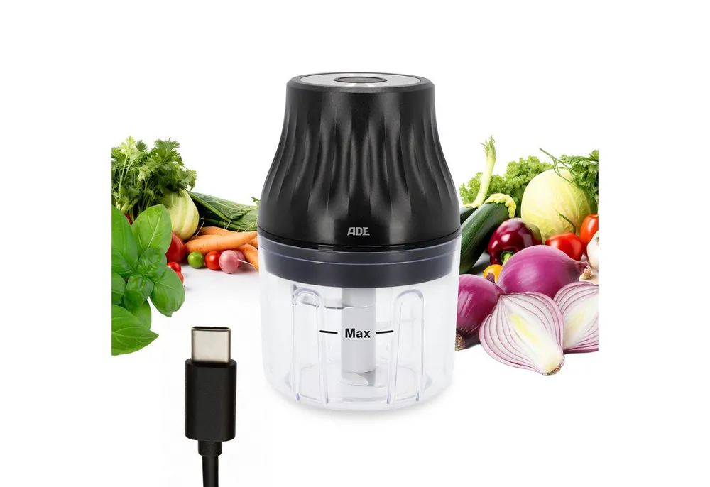 ADE Akku-Zerkleinerer elektrisch, Zwiebelschneider inkl. USB-C-Kabel, 45 W, Einhandbedienung, 150 ml Kapazität, perfekt für Pestos, Dips, Saucen