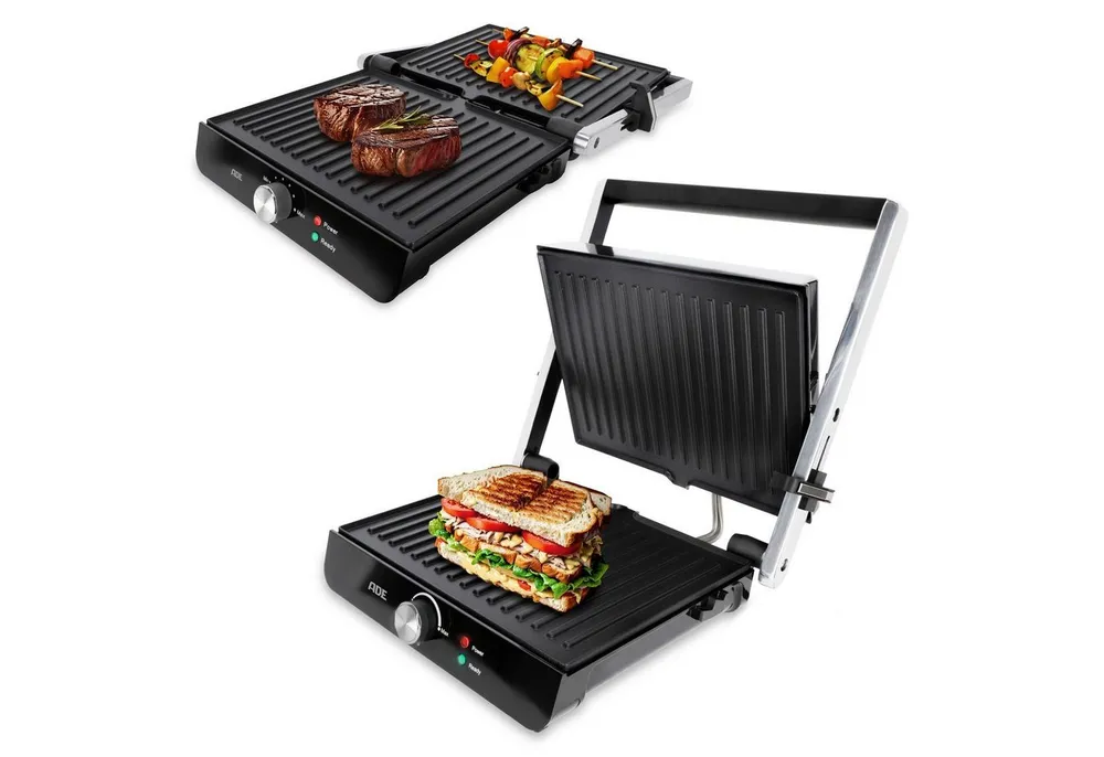ADE Kontaktgrill 3-in-1 Sandwichmaker, Paninitoaster und Tischgrill, 180° aufklappbar, 2000,00 W, Plattengriller mit Antihaftbeschichtung, undTemperaturregelung