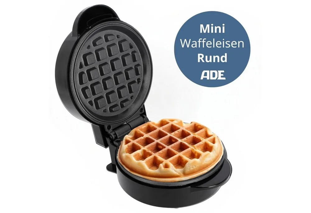 ADE Waffeleisen Mini Herzform oder runde Form für klassische belgische Waffeln, kleiner Waffelmaker mit Antihaftbeschichtung, Geburtstag, Valentinstag