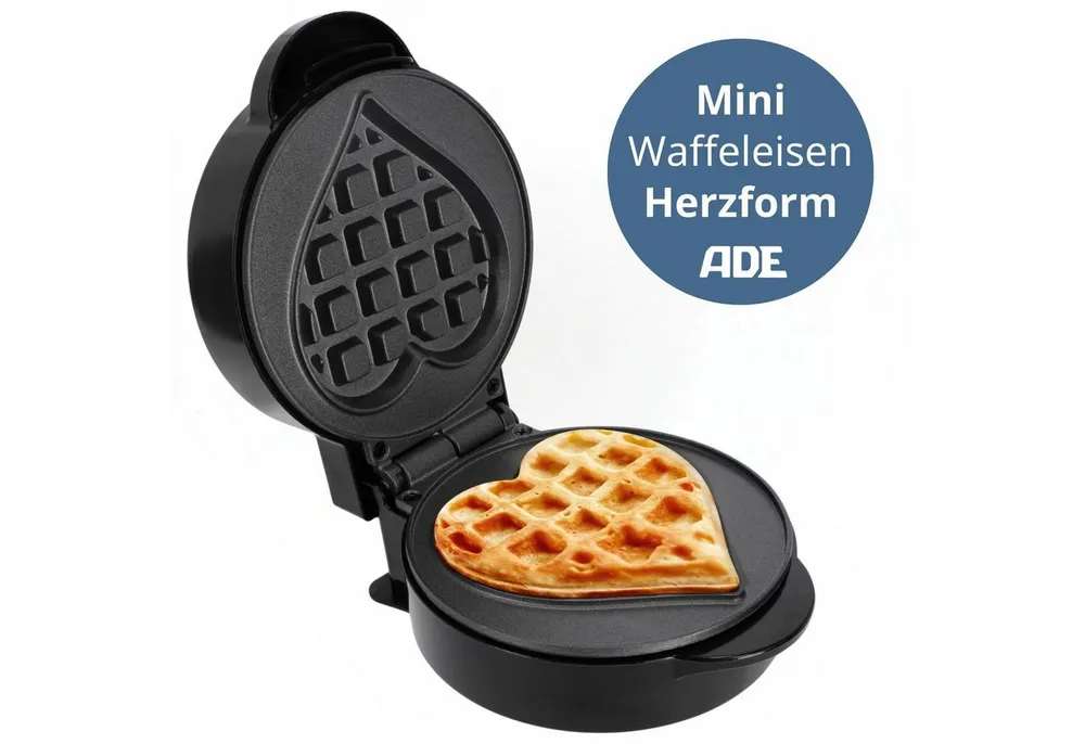 ADE Waffeleisen Mini Herzform oder runde Form für klassische belgische Waffeln, kleiner Waffelmaker mit Antihaftbeschichtung, Geburtstag, Valentinstag