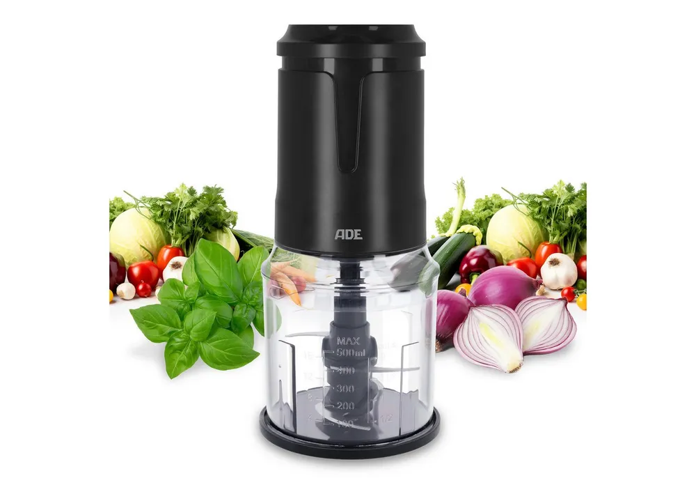 ADE Zerkleinerer Küche elektrisch, Gemüse- und Zwiebelschneider, 400 W, 4 scharfe Edelstahlklingen, 500 ml Kapazität
