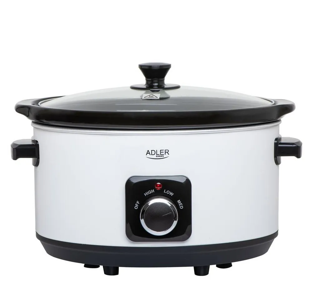 Adler Schongarer AD 6413w, Slow Cooker 5,8L, 3 Heizstufen, Edelstahl, spülmaschinenfest, weiß