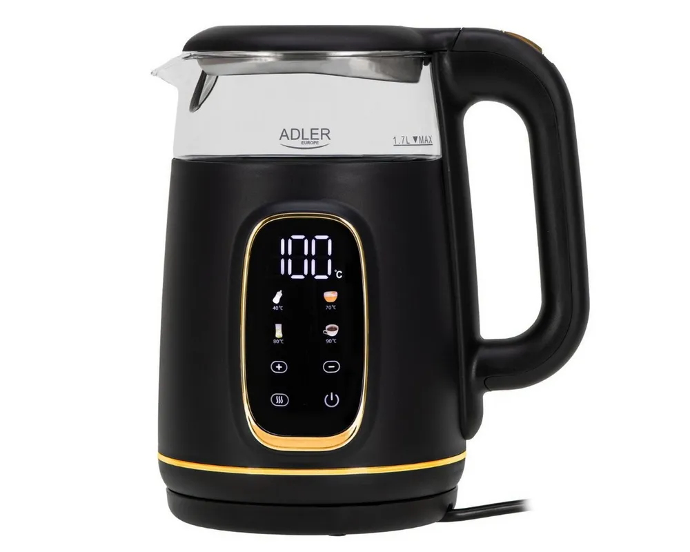 Adler Wasserkocher AD 1305 BG 2200 W - 5 Temperatureinstellungen, 360°-Sockel, 1,7 l, 2200 W, Warmhaltefunktion, Glas-Design mit LED-Beleuchtung