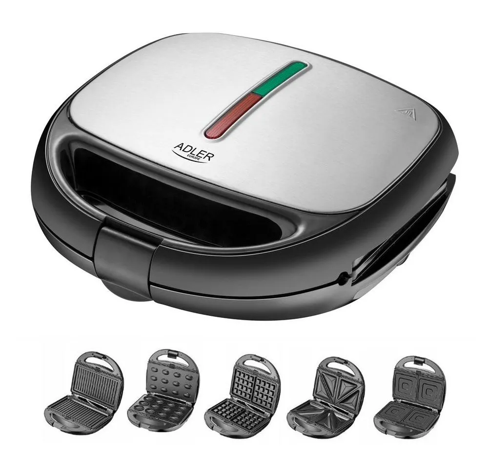 ADLER EUROPE 4-in-1-Sandwichmaker AD 3040 5-in-1 Sandwichmaker, Kontaktgrill, Waffeleisen, Snack Maker, 1200 W, Multigrill, 5 Wechselplatten, Antihaftbeschichtung Schwarz/Silber