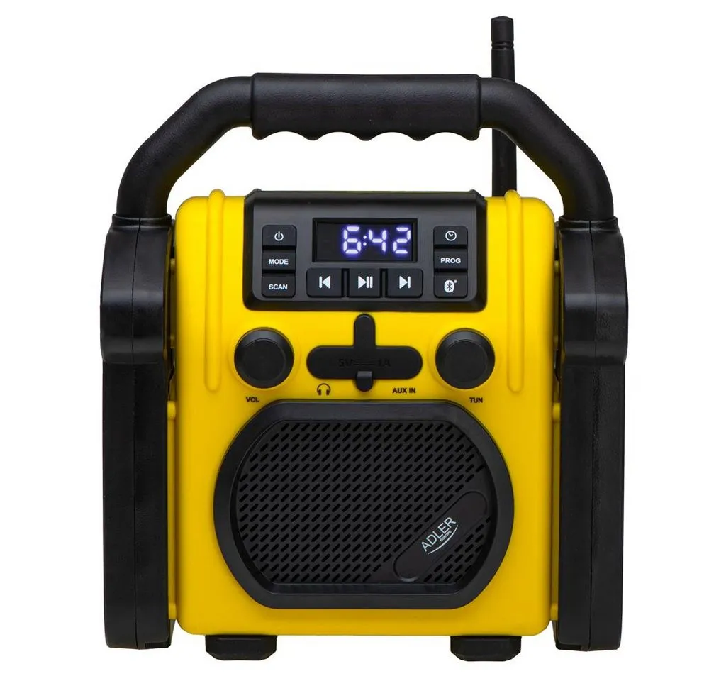 ADLER EUROPE AD 1911 robustes Baustellenradio (Bluetooth, AUX, FM, Kopfhöreranschluss, 10 W, Batterie Outdoor Radio, Werkstattradio, wasserdicht, gelb, schwarz)