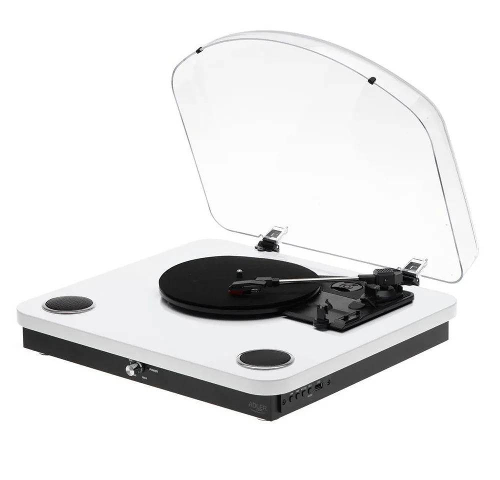 ADLER EUROPE AD 1914w Plattenspieler (Riemenantrieb, Bluetooth 5.4, 3 Geschwindigkeiten, RCA-Ausgang, Vinyl Player, USB, weiß)