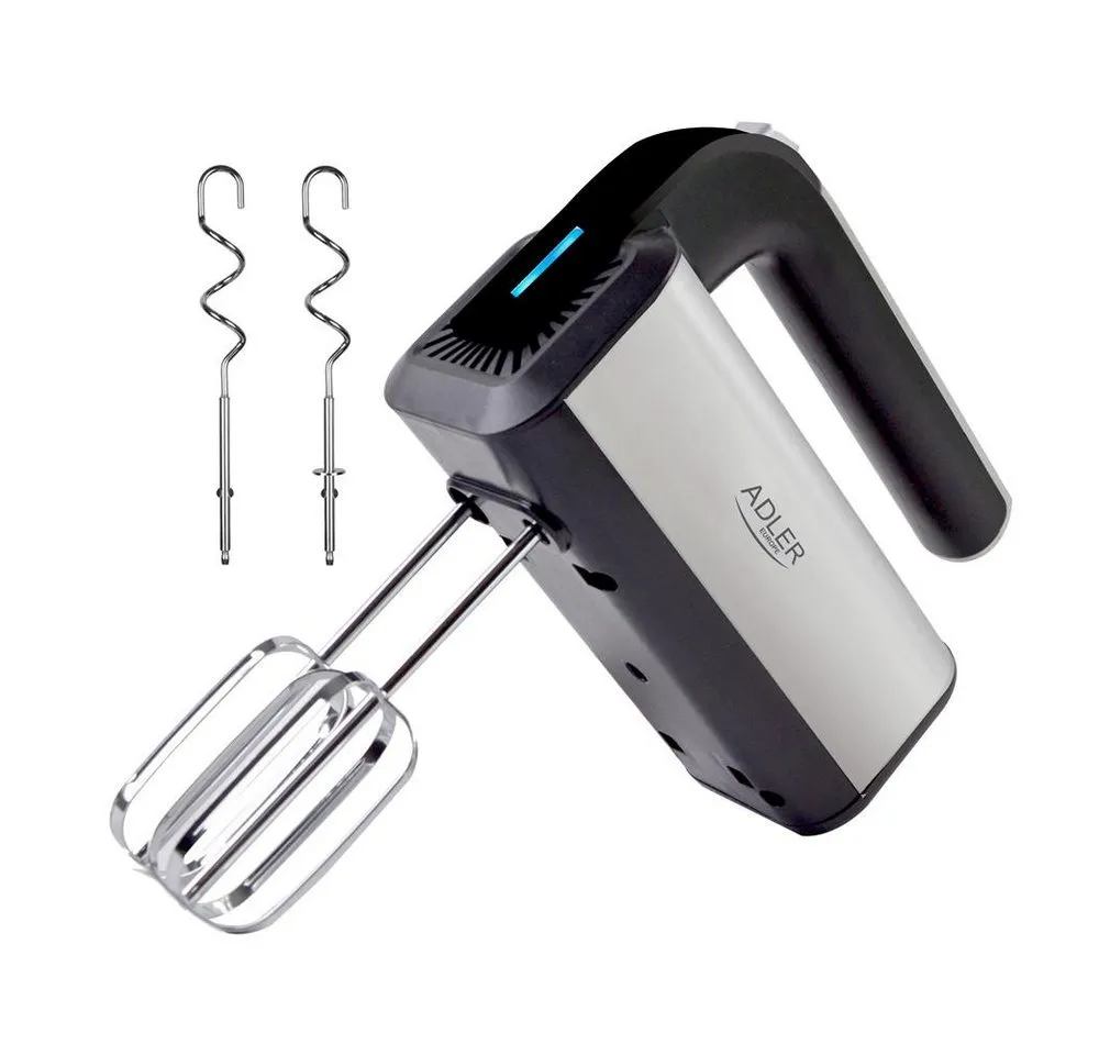 ADLER EUROPE Handmixer AD 4225 eleganter Edelstahl-Mixer mit Knethaken und Rührbesen, 800 W, Handrührgerät, Küchenmixer für Teig, Sahne, Eischnee, silber schwarz