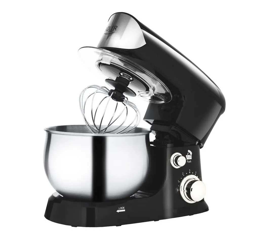 ADLER EUROPE Küchenmaschine AD 4226b, 1200 W, 3 l Schüssel, Knetmaschine, Planetarisches Rührwerk, Knethaken, Schneebesen, Schwarz