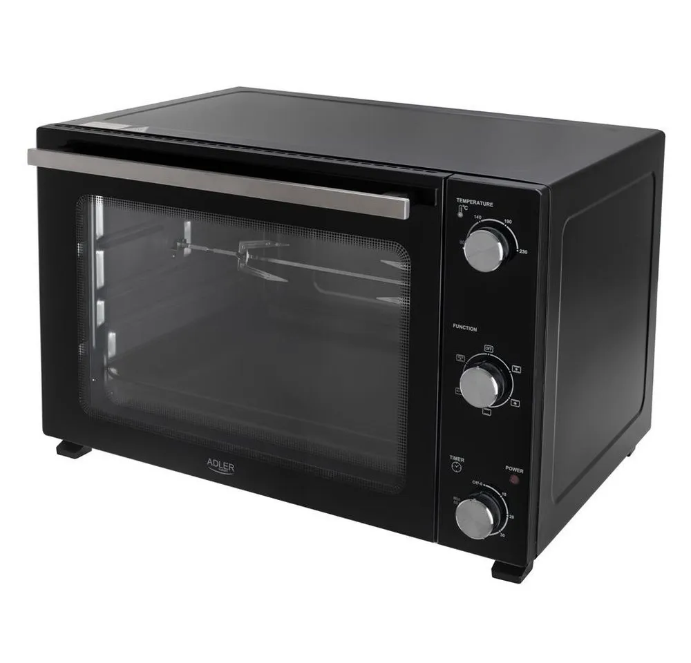 ADLER EUROPE Minibackofen AD 6028 Elektrobackofen 60 l mit Umluft, Drehspieß, Grillfunktion, Innenbeleuchtung, Backblech, Rost, Küche, Familie und Gäste, schwarz