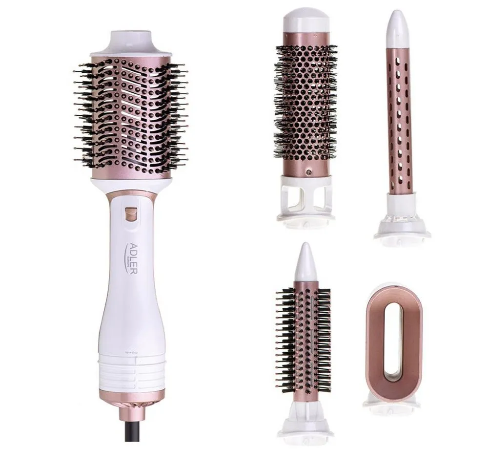 ADLER EUROPE Multihaarstyler AD 2027 Haarstyling Set 5 in 1, Warmluftbürste, Keramikbeschichtung, Rundbürsten, Lockenstab, Haartrockner-Aufsatz, Perlweiß/Roségold