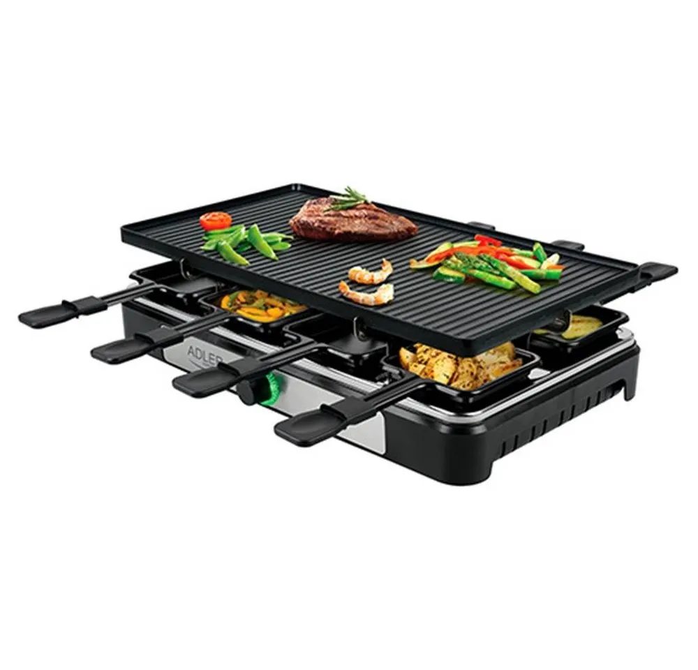 ADLER EUROPE Raclette AD 6616 Tischgrill für 8 Personen mit, 8 Raclettepfännchen, 1400 W, Elektrogrill mit großer Grillplatte, Fleisch, Käse, Gemüse, Schwarz