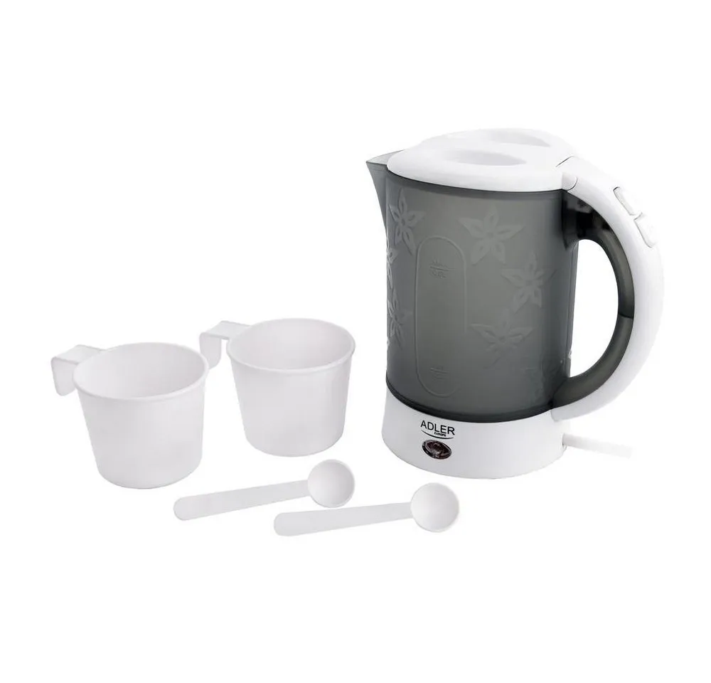 ADLER EUROPE Reise-Wasserkocher AD 1268 Mini-Wasserkocher, kleiner Kunststoff Reisewasserkocher, 0,6 l, 900 W, Büro, Camping, Hotel & Singleküche, Blumenmuster Weiß Grau