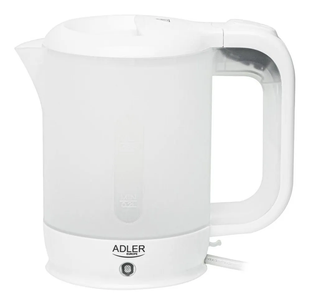 ADLER EUROPE Reise-Wasserkocher AD 1381 kompakter Reisewasserkocher mit 2 Bechern, Löffel, 0,5 l, 900 W, Kunststoff, für Reise, Camping, Hotel und Urlaub, weiß