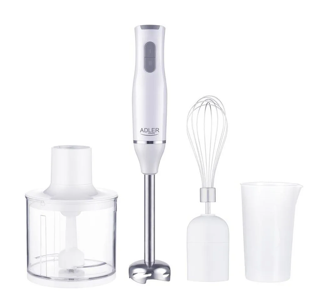 ADLER EUROPE Stabmixer AD 4620 Stabmixer Set, 4-in-1 Handmixer mit Zerkleinerer 500 ml, 800 W, Messbecher 700 ml, Schneebesen, Edelstahl, Weiß